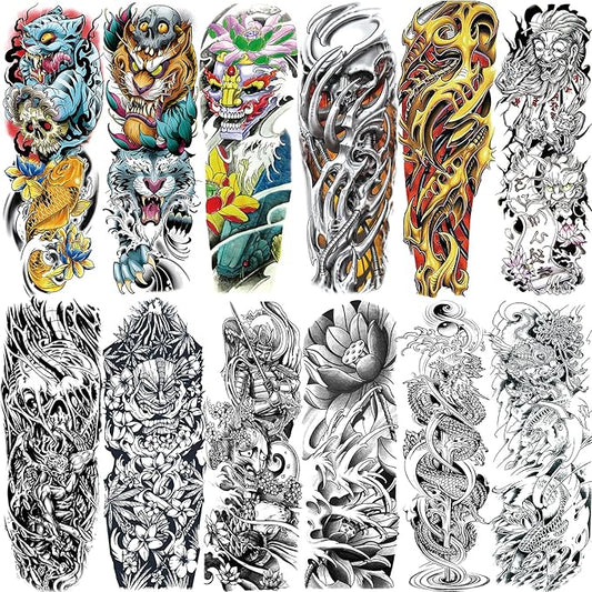 12 Sheets Large Full Arm Temporary Tattoos Adults, Waterproof Realistic Flower Japanese Tiger Samurai Skull Fake Tattoos, Fish Dragon Lotus Tattoo Kits Parties Festivals Cosplay BBQ Pool Beach Party