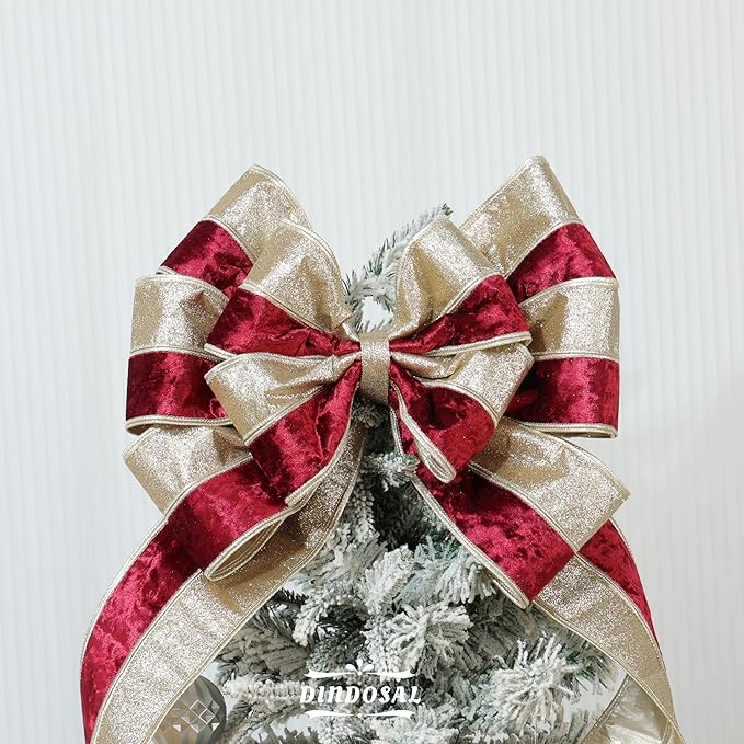 Burgundy Velvet Wired Christmas Ribbon 4 Inch Extra Wide Thick Maroon and Gold Glitter Holiday Ribbon – 10-Yards Roll for Tree Decorations, Gift Wrapping, Wreaths, and DIY Crafts