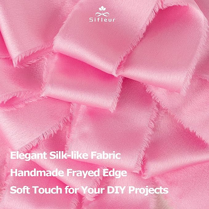Satin Silk Ribbon, Light Pink Ribbon for Wrapping, 1-1/2 inch x 15 Yd Handmade Fabric Frayed Fringe Ribbons, for Wedding Engagement Bridal Shower Craft Flower Bouquet Invitation Decor, 3 Rolls
