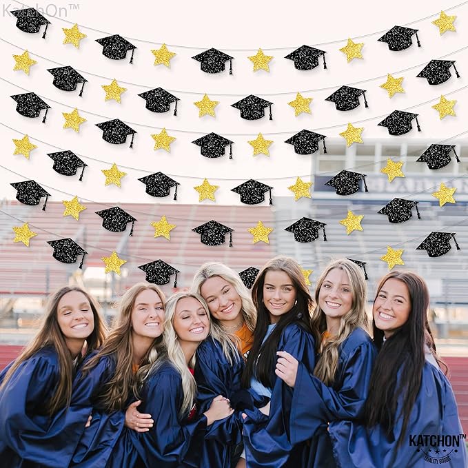 KatchOn, Graduation Cap Garland - 10 Feet, No DIY | Grad Garland Class of 2025, Black and Gold Grad Decorations 2025 | Grad Cap Decor for Graduation Decorations 2025