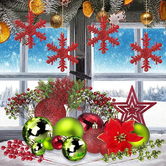 Sratte 94 Pcs Christmas Tree Decorations Set, Christmas Tree Ball Ornaments Glitter Poinsettia Flowers Decorations Glitter Berries Stems for Xmas Holiday Wedding(Green,Red)