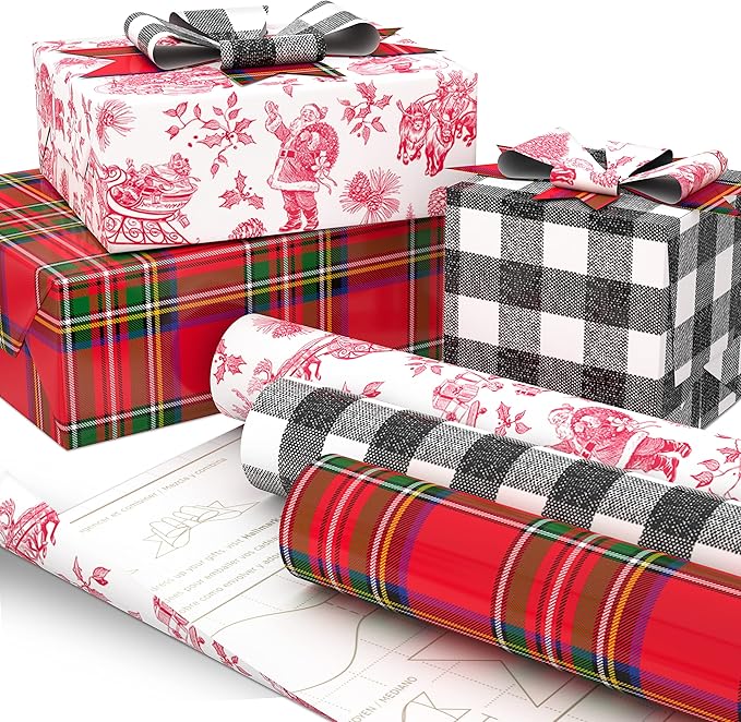 Hallmark Holiday Plaid Wrapping Paper with Cutlines and Optional DIY Bow Templates on Reverse (3-Pack: 120 Sq. Ft. Ttl) Red Toile, Black Buffalo Check, Plaid for Christmas, Birthdays, Weddings, Crafts