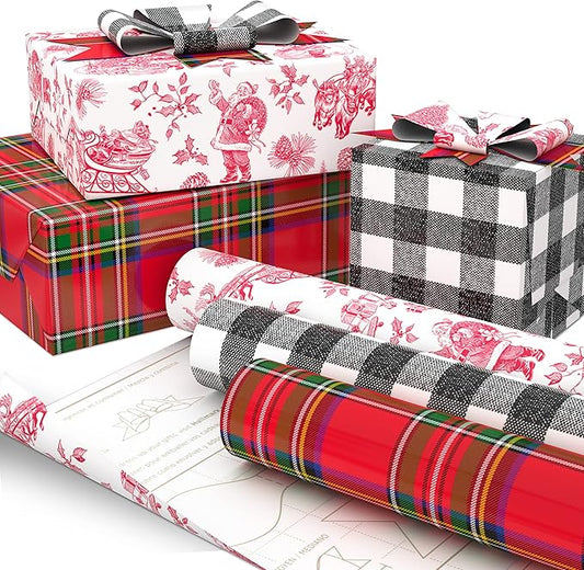 Hallmark Holiday Plaid Wrapping Paper with Cutlines and Optional DIY Bow Templates on Reverse (3-Pack: 120 Sq. Ft. Ttl) Red Toile, Black Buffalo Check, Plaid for Christmas, Birthdays, Weddings, Crafts