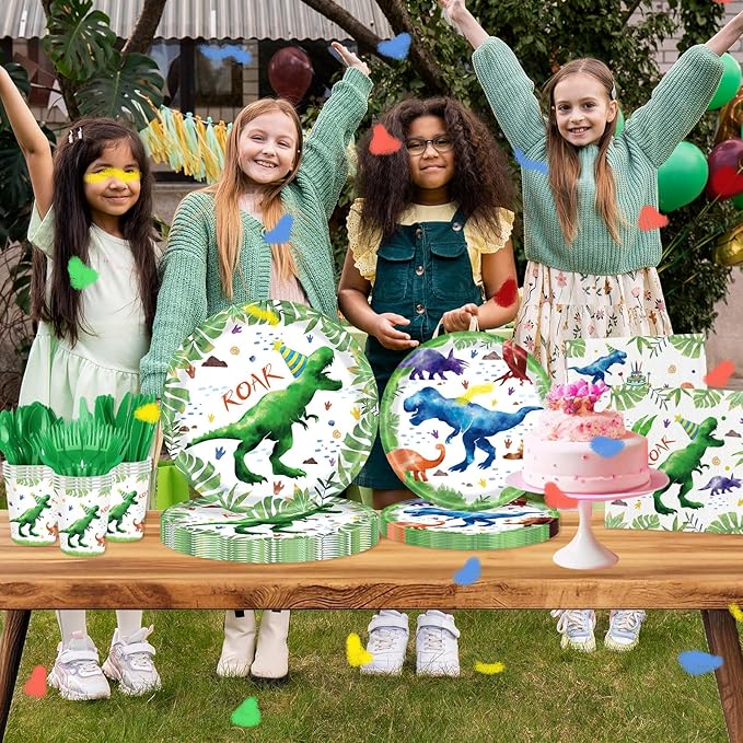 140 Pcs Watercolor Dinosaur Party Supplies Dinosaur Theme Birthday Party Decoration Includes Plates Cups Napkins Knives Forks Spoons Tableware for Boys Birthday,Serves 20 Guests