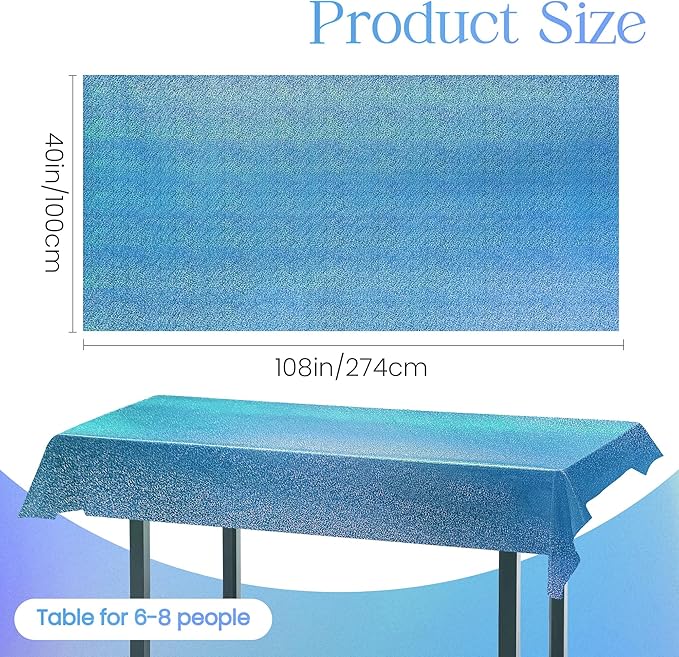 8pcs Blue Holographic Laser Tablecloths 40" x 108" Plastic Table Cloths for Parties Shimmer Shiny Party Decoration for Winter Ocean Princess Birthday Party Wedding Baby Shower Christmas Decor
