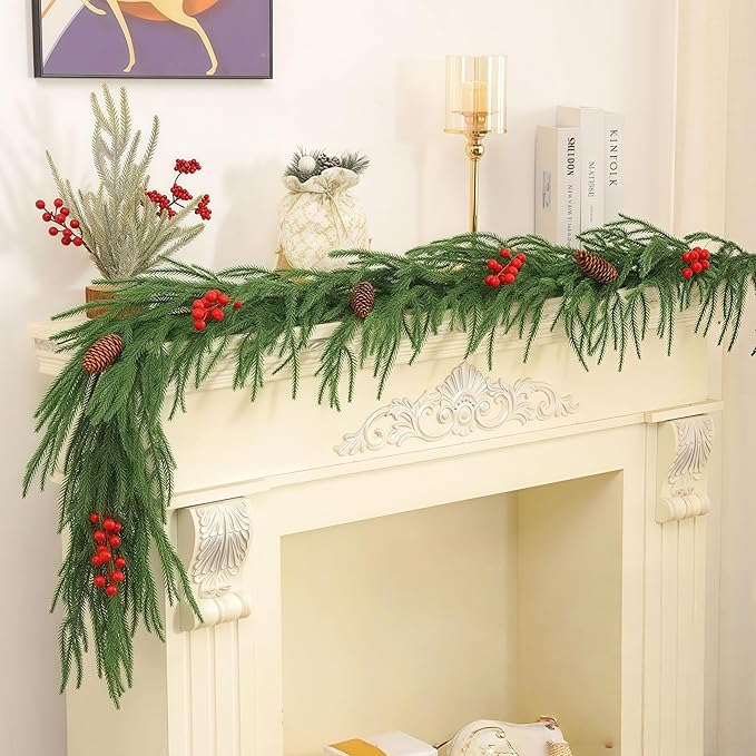 Christmas Decorations Artificial Norfolk Pine Garlands 6FT, Real Touch Winter Pine Garland, Green Artificial Greenery Garland for Table, Mantle, Wall, Indoor, Outdoor Decorations