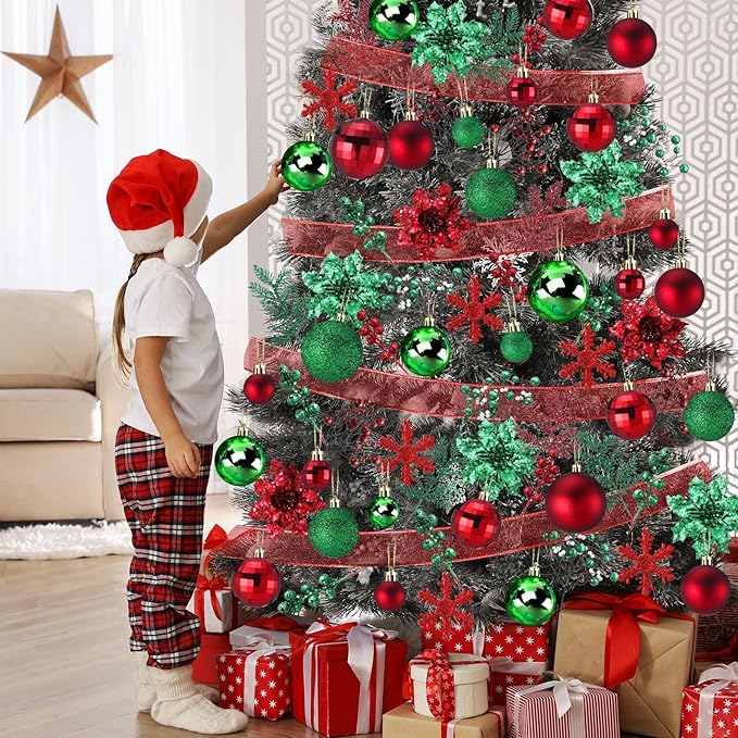 Sratte 94 Pcs Christmas Tree Decorations Set, Christmas Tree Ball Ornaments Glitter Poinsettia Flowers Decorations Glitter Berries Stems for Xmas Holiday Wedding(Red, Green)