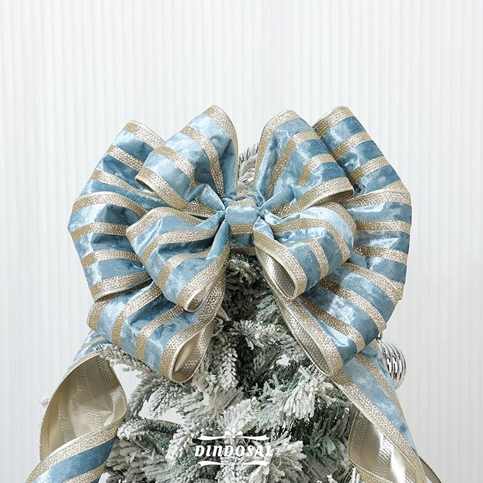 Dusty Blue Velvet Wired Ribbon with Champagne Glitter Stripe 4 Inch Extra Wide Crushed Velvet Christmas Ribbon, 10 Yards for Gift Wrapping, Crafts, Tree Decorations, Wreaths, Garlands