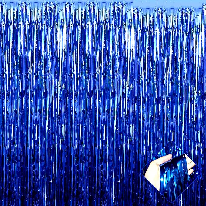 4 Pack 3.2Ft x 9.8Ft Blue Foil Fringe Curtain Backdrop, Metallic Tinsel Foil Fringe Streamers Curtains for Party, Photo Booth Props, Birthday, Wedding, Christmas Party Decoration Supplies