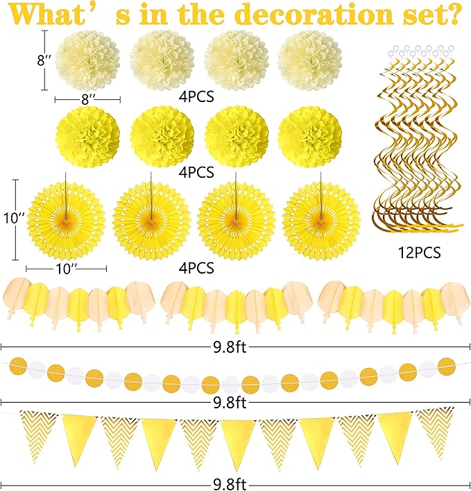 Moon Boat 35PCS Party Decorations Paper Fan Hanging Set - Birthday,Baby Shower,Lemon,Sunflower Theme Decor (Yellow)