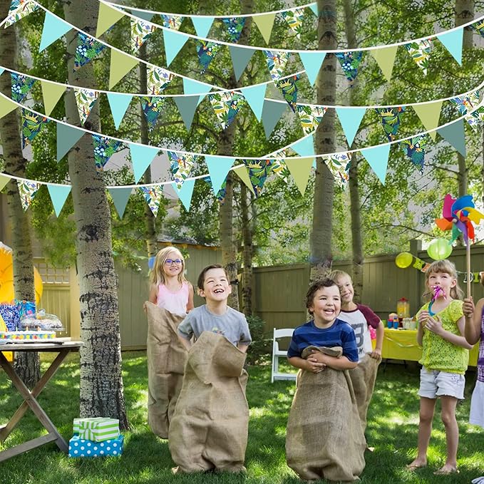 32Ft Teal Blue Green Summer Tropical Leaves Wild Animals Printed Pennant Banner Fabric Triangle Flag Cotton Bunting Garland for Birthday Party Wedding Home Nursery Outdoor Garden Hanging Decoration