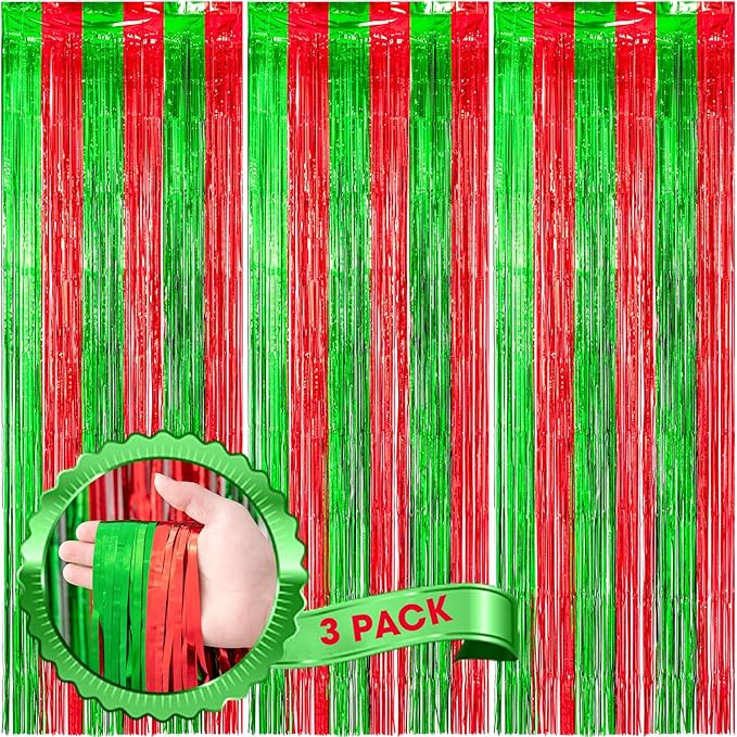 3 Pack 3.3x8.2 Feet Red and Green Foil Fringe Backdrop Curtains, Tinsel Streamers Birthday Party Decorations, Fringe Backdrop for Graduation, Baby Shower, Gender Reveal, Disco Party