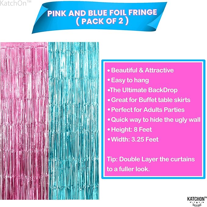 KatchOn, Large Pink and Blue Foil Fringe - 6.4x8 Feet, Pack of 2 | Girl or Boy Gender Reveal Decorations | Pink and Blue Fringe, Boy or Girl Backdrop | Gender Reveal Backdrop for Gender Reveal D√©cor