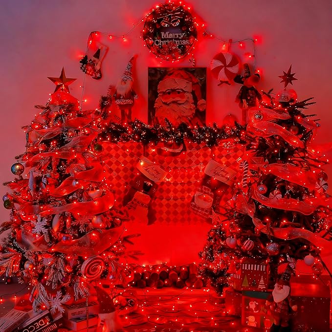 YEGUO 66ft 200 LED Red Halloween Lights Outdoor Waterproof, Green Wire Christmas String Lights Indoor, 8 Modes Twinkle Tree Light Plug in with Timer Memory