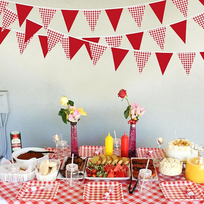 32Ft Red Gingham Party Decorations Red White Plaid Checkered Triangle Flag Pennant Fabric Garland for Birthday Baby Shower Carnival Picnic Pizza Hot Dog Farm Apple Italian Summer Party Supplies