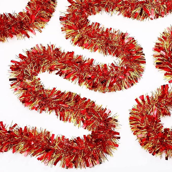 Dilunave 40 Feet Christmas Tinsel Garland Metallic Foil Twist Tinsel Garland Decoration for Christmas Tree, Wedding, Birthday and Party Hanging Decorations(Gold, Red)