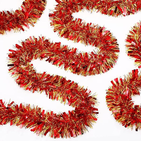 Dilunave 40 Feet Christmas Tinsel Garland Metallic Foil Twist Tinsel Garland Decoration for Christmas Tree, Wedding, Birthday and Party Hanging Decorations(Gold, Red)