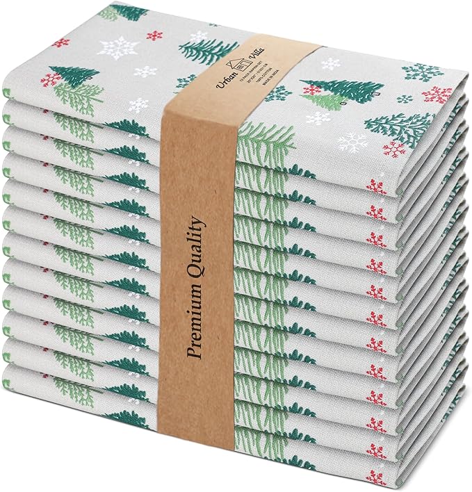 Urban Villa Christmas Cloth Napkins Green Trees Print Set of 12 100% Cotton Absorbent Dinner Napkins (20X20 Inches)Over Sized Soft Durable Reusable Washable Ideal for Home Wedding Parties Everyday use