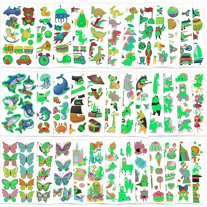 370 Patterns Party Favors for Kids, 36 Sheets Glow In Dark Stickers Luminous Temporary Tattoos, Waterproof Fake Tattoo Supplies Animal Dinosaur Mermaid Butterfly Stickers for Birthday Decorations