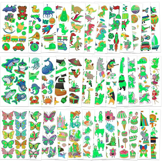 370 Patterns Party Favors for Kids, 36 Sheets Glow In Dark Stickers Luminous Temporary Tattoos, Waterproof Fake Tattoo Supplies Animal Dinosaur Mermaid Butterfly Stickers for Birthday Decorations