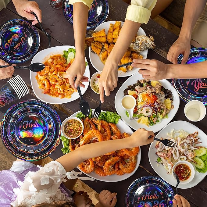 175 Pieces 2026 Happy New Year Iridescent Paper Plates Party Supplies Decorations Eve New Year Party Tableware Set Dinnerware Paper Plates Napkins Cups Cutlery Supplies, Serve for 25 Guest