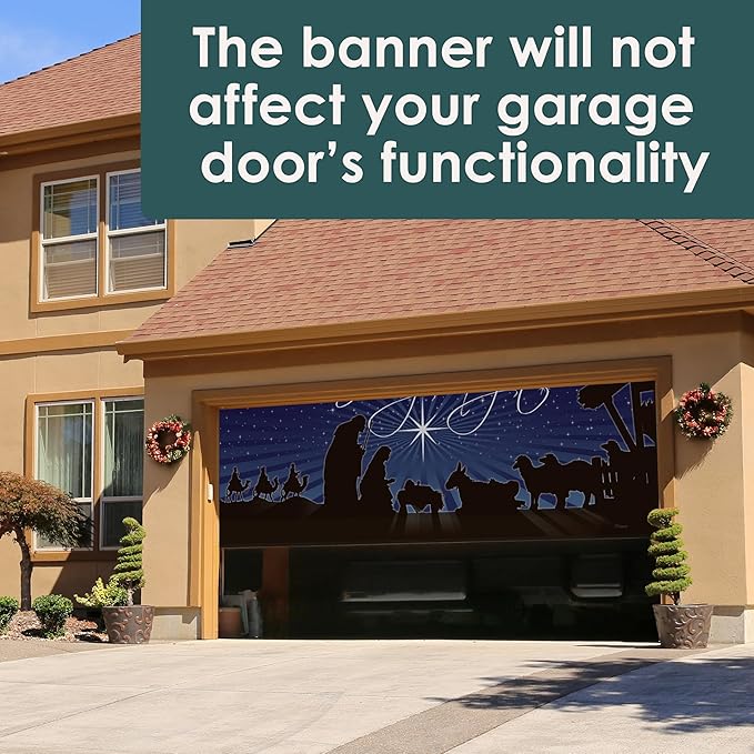 7' x 16' Peaceful O Holy Night Nativity Garage Door Banner - Designed to Move with Door | Sacred Christmas Double Garage Door Decoration