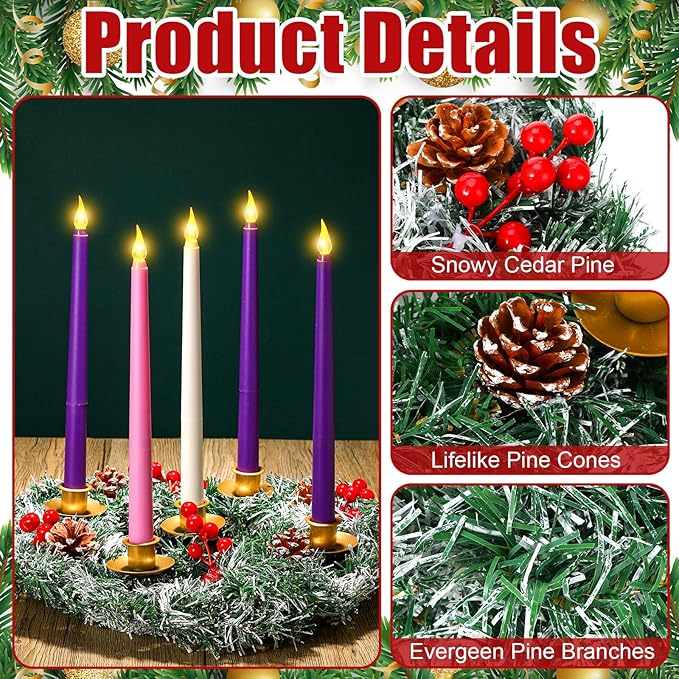 Tioncy 12 Inch Christmas Advent Wreath Candle Holder with 5 Flameless Candles Remote Control Wreaths Holder Centerpiece Decoration with Berries(Snowy Cedar Pine,11 x 0.8 x 0.8 in)