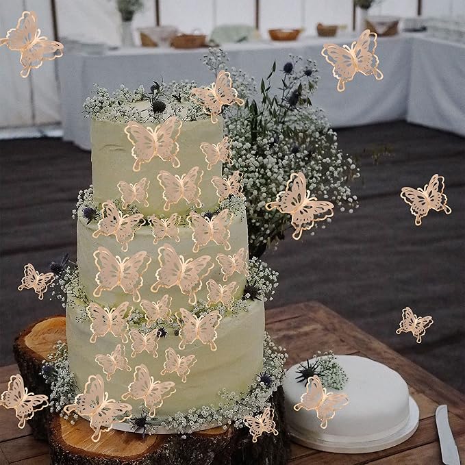 40 PCS Champagne Gold Lively 3D Butterfly Cupcake Toppers Mixed Size Hollow Art Butterfly Cupcake Topper Baby Shower Wedding Anniversary Birthday Party Cake Wall Decorations Supplies