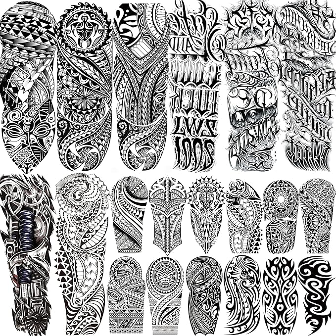 20 Sheets Cool Tirbal Maori Full Arm Temporary Tattoos For Men Adults Thigh, Black Totem Armband Robot Arm Letter Fake Sleeve Tattoos For Women, Bulk 3D Halloween Tattoo Stickers Loyalty Faith