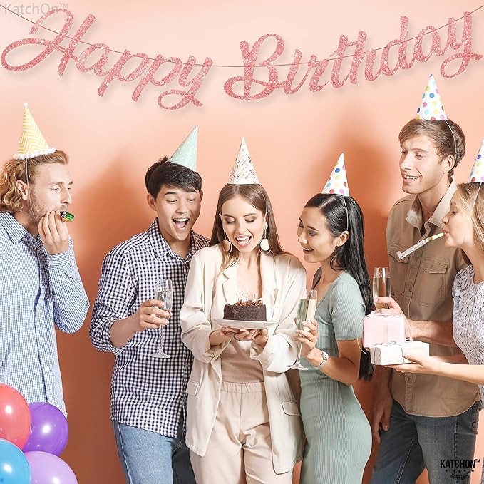 KatchOn, Glitter Rose Gold Happy Birthday Banner - Pre-Strung No DIY, 10 Feet | Happy Birthday Sign | Rose Gold Birthday Decorations | Bday Banner for Women | Happy Birthday Decorations