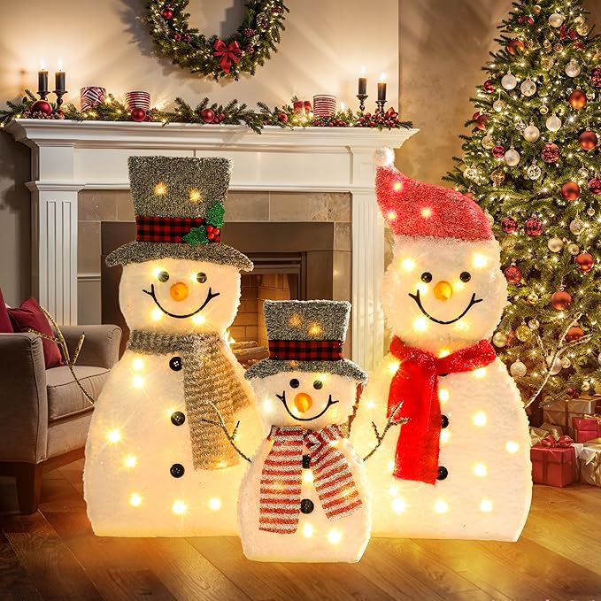 GENIMO 3-Piece 2D Outdoor Snowman Christmas Decorations Yard, 30 inch Pre Lit Snowman Family with 70 Led Lights Outside Indoor Holiday Lighted Christmas Decor for Lawn