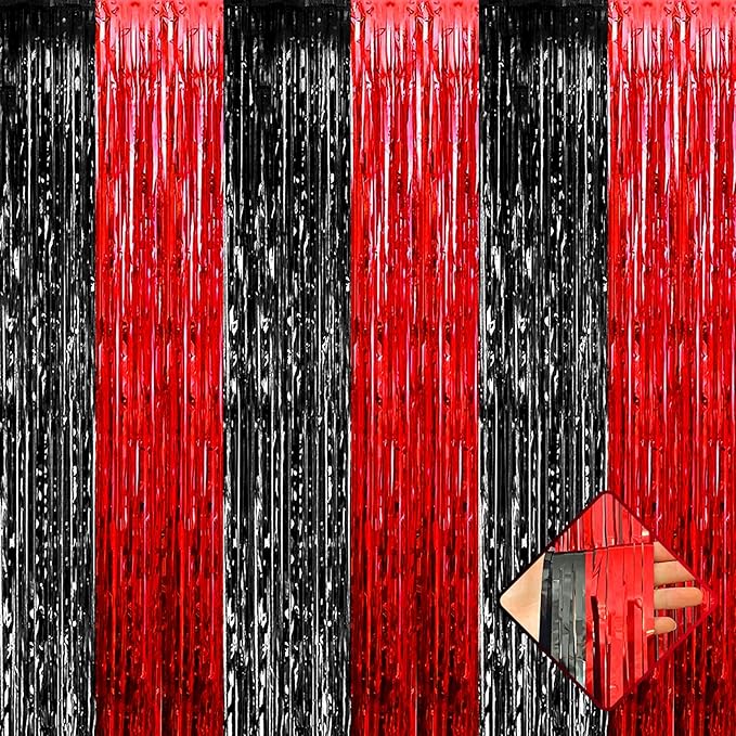 4 Pack 3.2Ft x 9.8Ft Black Red Foil Fringe Curtain Backdrop, Metallic Tinsel Foil Fringe Streamers Curtains for Photo Booth, Wedding, Casino Viva Las Vegas Game Night Birthday Party Decoration