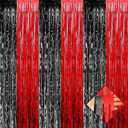 4 Pack 3.2Ft x 9.8Ft Black Red Foil Fringe Curtain Backdrop, Metallic Tinsel Foil Fringe Streamers Curtains for Photo Booth, Wedding, Casino Viva Las Vegas Game Night Birthday Party Decoration