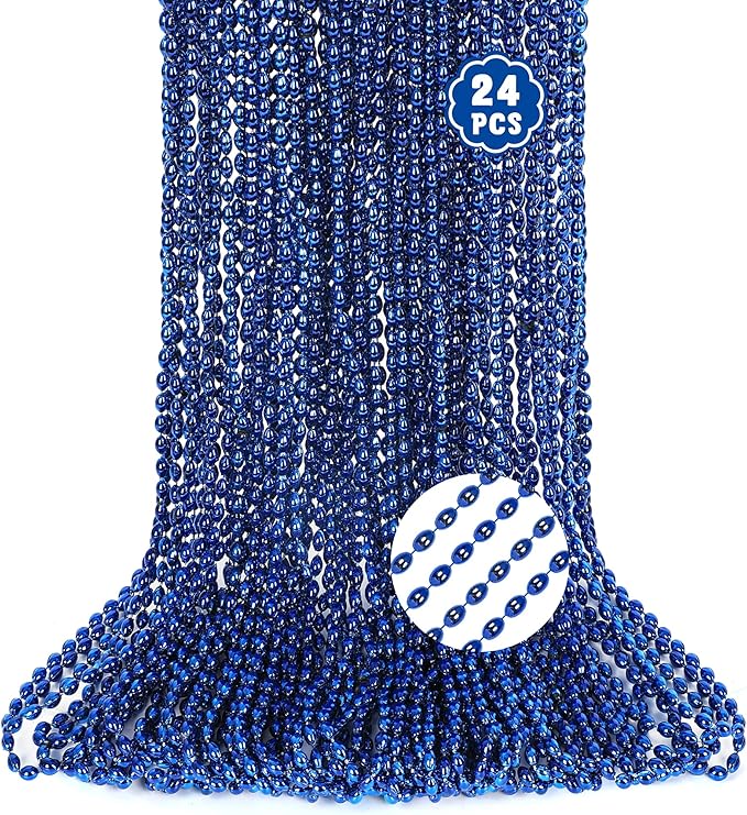 24PCS Bead Necklace, Beaded Necklaces Bulk for Blue Accessories, 32" Oval Mardi Gras Beads for Party Supplies Festival Parade Throw Accessories for Wedding Christmas Pirate Theme Party Favors Decor