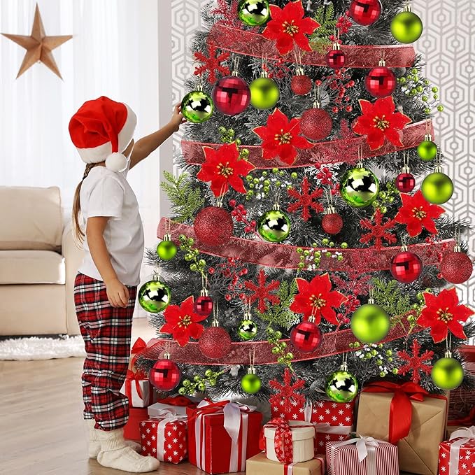 Sratte 94 Pcs Christmas Tree Decorations Set, Christmas Tree Ball Ornaments Glitter Poinsettia Flowers Decorations Glitter Berries Stems for Xmas Holiday Wedding(Green,Red)