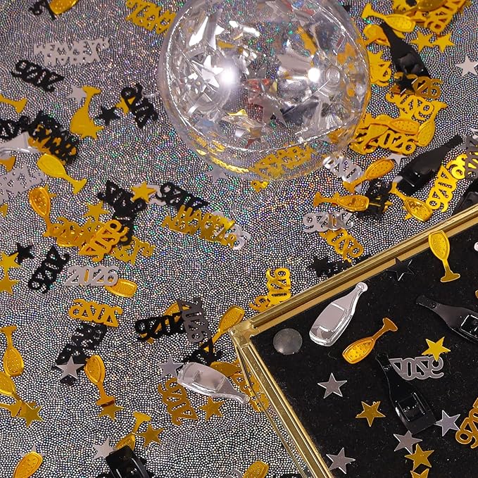 2026 New Years Confetti, 2.12 oz Shinny Metallic 2026 Happy New Year Stars Bottles Mixed Confetti for Tables 2026 New Year Decorations New Years Eve Party Supplies | Silver Black Gold