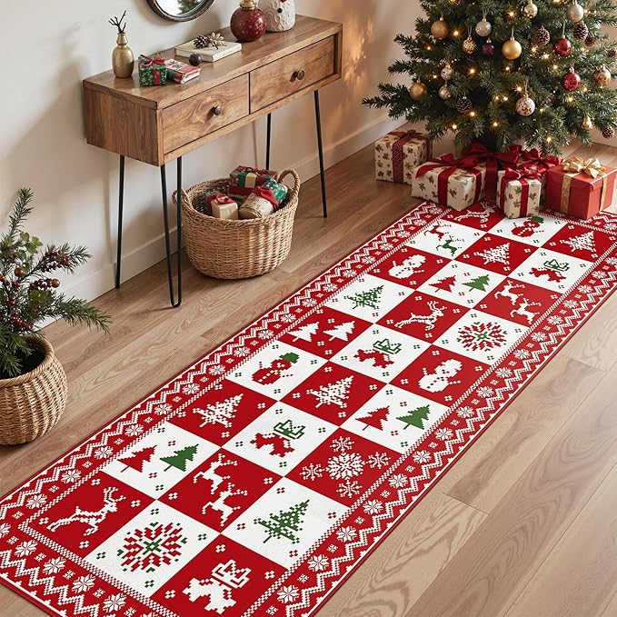 Christmas Runner Rug 2x12 Washable Rug for Hallway Kitchen Bedroom, Christmas Home Decor, Holiday Print Carpet, Low Pile Mat with Non Slip Backing, Red White Checkerboard