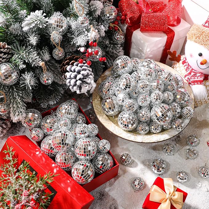 Hoolerry 200 Pcs Mini Mirror Disco Ball Ornaments Mardi Gras Small Silver Hanging Decorations Reflective Tiny Balls Bulk for 70s 80s 90s Disco Party, Christmas Tree(2'', 1'')