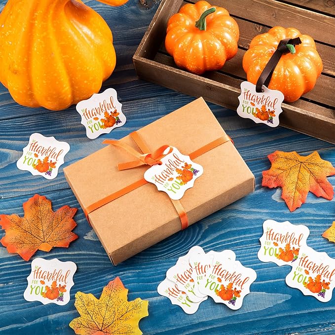 50 Pieces Thanksgiving Paper Tags Thank You Favor Tags Happy Thanksgiving Hanging Labels Decorative Fall Paper Tag with Rope for Autumn Party Favors(Pumpkin)