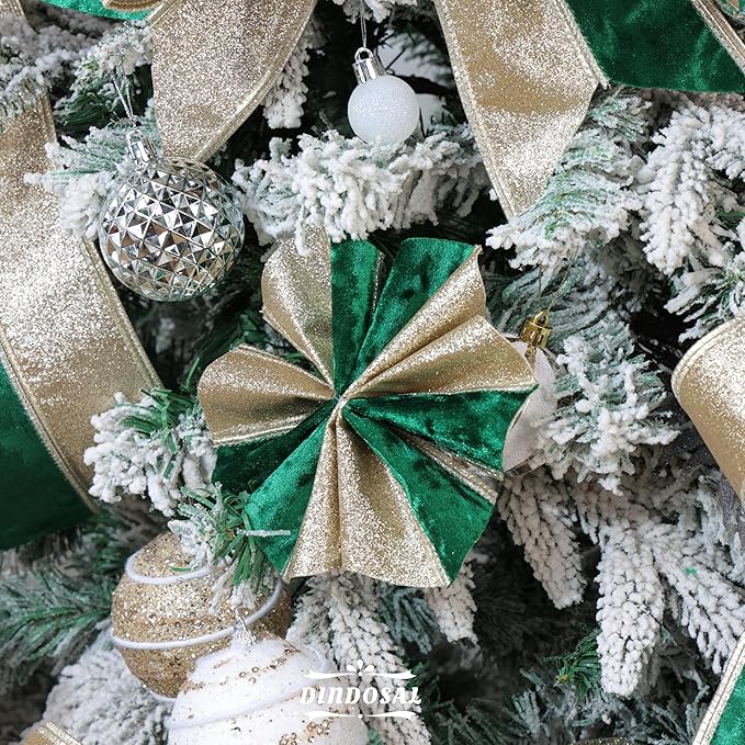 Dark Green Velvet Wired Christmas Ribbon 4 Inch Extra Wide Thick Green and Gold Glitter Holiday Ribbon – 10-Yards Roll for Tree Decorations, Gift Wrapping, Wreaths, and DIY Crafts