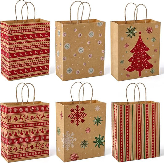 MESHA Christmas Gift bags 24Pcs 8.6x7x3.3'' Kraft Paper Bags with Handles Bulk for Gifts Holiday Xmas Goodie, Party Favors, Candy, Treat
