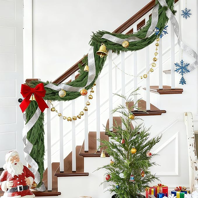 Palonu 4 Pcs 5Ft Artificial Norfolk Garland, Faux Christmas Greenery Touched Like Real Needles Pine, Decoration for Table Mantle Wall Porch Fireplace Indoor Outdoor Winter Holiday Décor