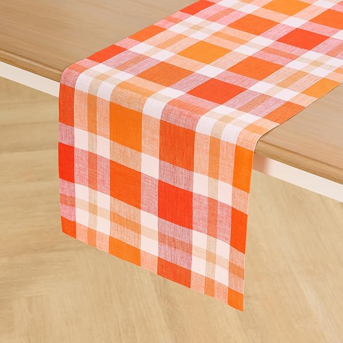 Solino Home Pure Linen Pumpkin Buffalo Check Table Runner 14 x 48 Inch – Short Accent for Coffee Tabletop, Dresser, Bedroom, and Thanksgiving Decor