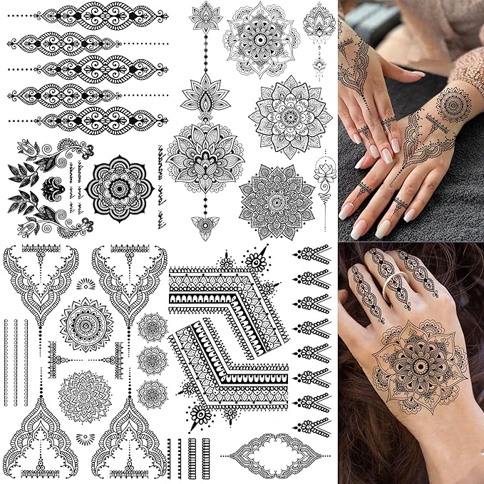 4 Sheets Vintage India Sexy Lace Black Mandala Flower Temporary Tattoos For Women Hand Finger Girls Adults Sets Kits, Wedding Bridal Fake Jewels Tattoo Sticker Lotus Stencils, Party Favor Supplies