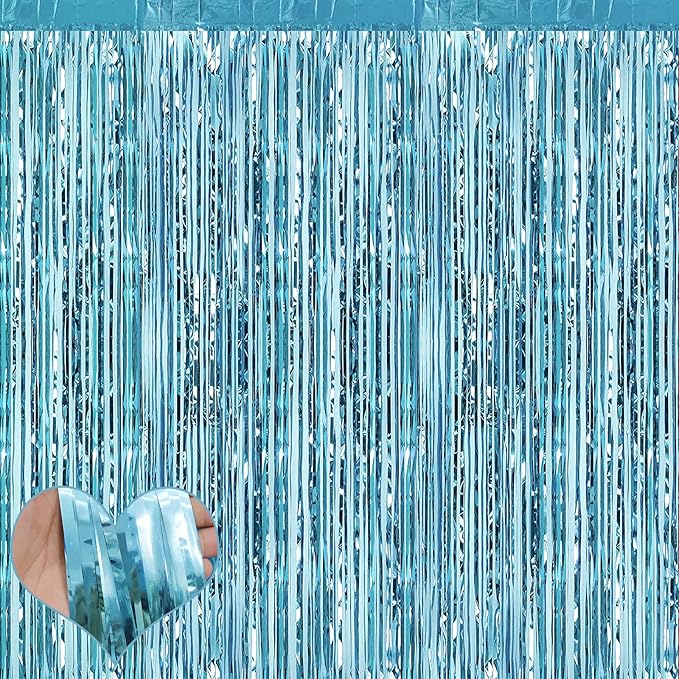 4 Pack Fringe Curtain Backdrop, 3.2Ft x 9.8Ft Light Blue Metallic Tinsel Foil Fringe Streamers Background for Photo Booth Birthday Wedding Baby Shower Easter Pool Ocean Underwater Party Decorations