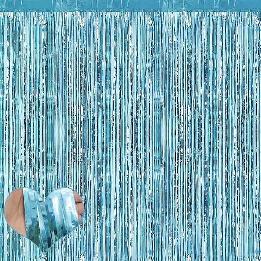 4 Pack Fringe Curtain Backdrop, 3.2Ft x 9.8Ft Light Blue Metallic Tinsel Foil Fringe Streamers Background for Photo Booth Birthday Wedding Baby Shower Easter Pool Ocean Underwater Party Decorations