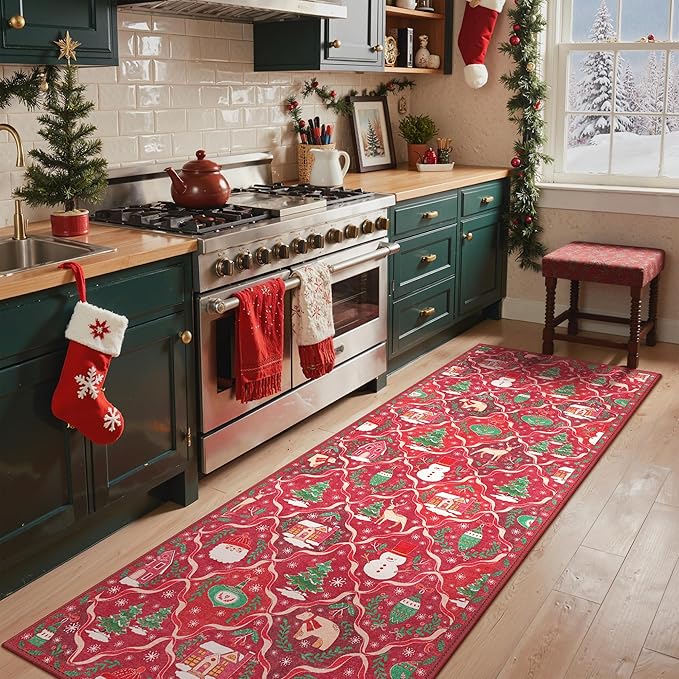 Christmas Runner Rug 2x6 Washable Rug for Hallway Kitchen Bedroom, Christmas Home Decor, Holiday Print Carpet, Low Pile Mat with Non Slip Backing, Red Christmas Tale Pattern
