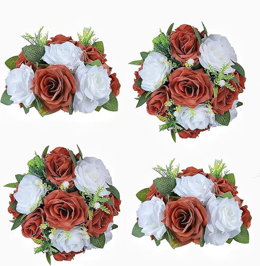 Artificial Flowers Ball 4 Pcs - Burnt Orange White Wedding Centerpiece for Table Decorations and Flower Arrangements