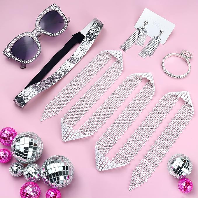 6 Pcs 70s Disco Accessories for Women Costume Jewelry Set Disco Earrings Ring Sequin Scarf Sunglasses Bracelet Headband