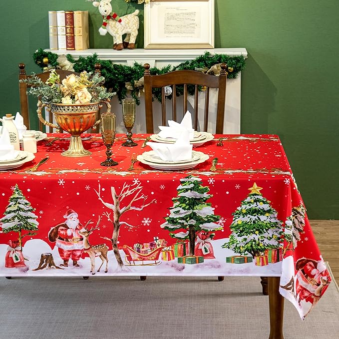 Christmas Waterproof Tablecloth – Red Holiday Table Cover with Santa Claus, Reindeer, Tree & Snowflake Design – Festive Dining Decor for Christmas Party and Home, W60 x L120 in
